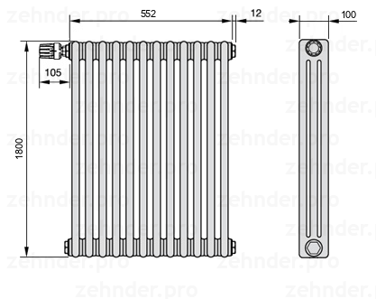 Схема (чертеж) Радиатор Zehnder Charleston 3180/12 №V012 Белый глянцевый RAL 9016